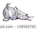 Onion bulb and sliced onion ring illustration. Hand drawn graphic ink sketch of onion vegetable. Monochrome outline artwork for food menu, kitchen recipe, organic farm market design. 138926781