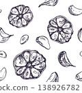 Garlic seamless pattern hand drawn with ink and pen. Graphic illustration of vegetable slices for organic food packaging, restaurant menu, kitchen decoration and culinary design backdrop. 138926782