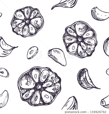 Garlic seamless pattern hand drawn with ink and pen. Graphic illustration of vegetable slices for organic food packaging, restaurant menu, kitchen decoration and culinary design backdrop. 138926782