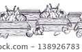 Garlic bulbs in wooden crate hand drawn illustration. Monochrome graphic ink drawing of harvest vegetables. Pattern for kitchen decor, cooking blog, organic shop menu seamless border 138926783