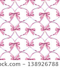 Seamless pattern with watercolor pink bows and ribbons. Hand drawn illustration of decorative satin knots and interlacing lines. Feminine textile print for fashion, gift wrap and decor. 138926788