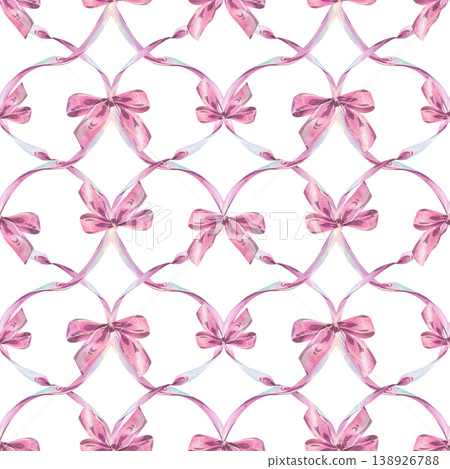 Seamless pattern with watercolor pink bows and ribbons. Hand drawn illustration of decorative satin knots and interlacing lines. Feminine textile print for fashion, gift wrap and decor. 138926788