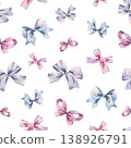 Watercolor pattern with hand drawn pink, blue, lilac pastel bows. Cute decorative silk ribbon illustration for gift wrapping paper design. Feminine style print with artistic aesthetic background 138926791