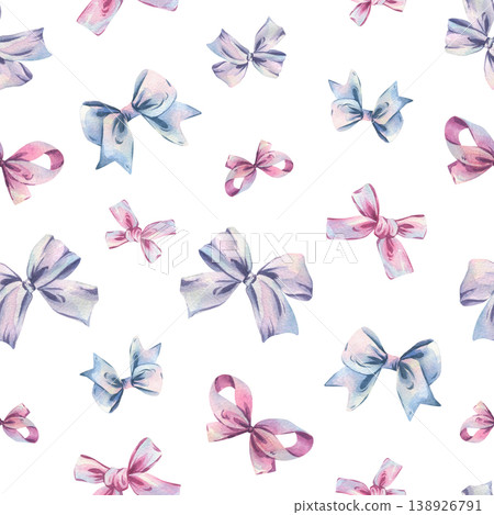 Watercolor pattern with hand drawn pink, blue, lilac pastel bows. Cute decorative silk ribbon illustration for gift wrapping paper design. Feminine style print with artistic aesthetic background 138926791