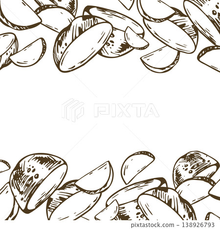 Hand drawn potato slice illustration. Graphic ink sketch of raw vegetable wedges. Monochrome line art border for food packaging design, menu background and agricultural harvest concept. 138926793