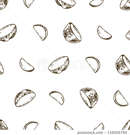 Seamless pattern with hand drawn baby potato slices. Artistic ink illustration of raw vegetable pieces. Graphic line art sketch for food packaging, shop wallpaper, textile and menu design. Seamless pattern with hand drawn baby potato slices. Artistic ink illustration of raw vegetable pieces. Graphic line art sketch for food packaging, shop wallpaper, textile and menu design. 138926794