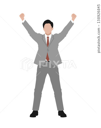 一位身著西裝的年輕商人做出勝利的手勢，高舉拳頭慶祝。白色背景上的喜悅向量圖。 138926845