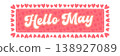 Hello May pink banner illustration. Hello May White lettering with hearts isolated on white background. Modern vector seasonal greeting for spring marketing, travel cards, and cute social media. 138927089