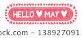 Hello May pink banner illustration. Hello May White lettering with hearts isolated on white background. Modern vector seasonal greeting for spring marketing, travel cards, and cute social media. 138927091