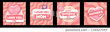 Happy Mothers Day poster set. Pink social media templates with 3D hearts and I Love You Mom lettering. Modern square layouts for mothers day holiday marketing and family greetings. 138927093