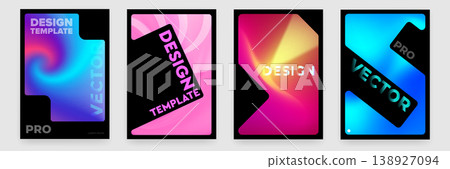 Corporate poster design template set. Black vertical covers with vibrant liquid gradient shapes, neon swirls and futuristic geometric elements. Modern vector identity for business and digital art. 138927094
