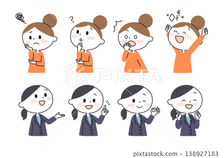 A set of illustrations depicting two women solving a problem: one in a suit and the other with her hair in a bun. A set of illustrations depicting two women solving a problem: one in a suit and the other with her hair in a bun. 138927183