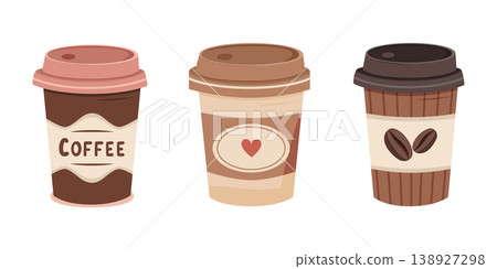 Three takeaway coffee cups. Beverages and cafe culture, coffee drinks Three takeaway coffee cups. Beverages and cafe culture, coffee drinks 138927298
