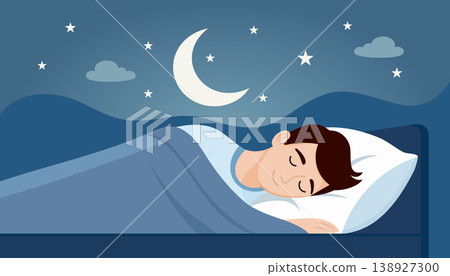 Peaceful man sleeping under moon and stars in calm night scene. rest and relaxation 138927300