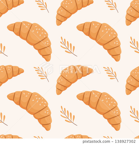 Seamless croissant pastry pattern with wheat elements on light background. Seamless croissant pastry pattern with wheat elements on light background. 138927302