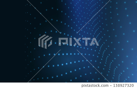 Blue dotted wave on dark plane technology abstract background showing flowing network of glowing data nodes and subtle gradient lighting, sense of depth and motion, modern visualization for tech Blue dotted wave on dark plane technology abstract background showing flowing network of glowing data nodes and subtle gradient lighting, sense of depth and motion, modern visualization for tech 138927320