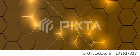 Golden hexagon structure blending technology and elegance. Luxurious honeycomb design. Abstract hexagonal with glowing nodes. Elegant honeycomb pattern featuring luminous points and highend themes 138927328