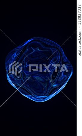 Dark abstract scene with a glossy blue glass-like liquid blob, swirling marbled texture and subtle neon reflections on a black background Dark abstract scene with a glossy blue glass-like liquid blob, swirling marbled texture and subtle neon reflections on a black background 138927338