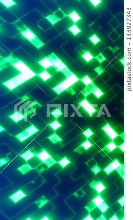 Abstract green pixel grid with glowing geometric blocks and bright digital squares on a deep blue background Abstract green pixel grid with glowing geometric blocks and bright digital squares on a deep blue background 138927343