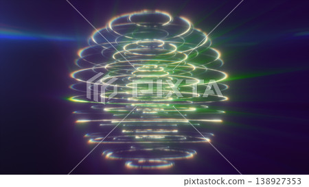 Glowing green and purple holographic sphere made of stacked light rings and beams, futuristic abstract sci-fi background 138927353