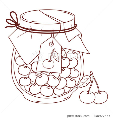 Outline Jar Cherry Jam. Traditional Homemade Eco-friendly Natural Berry Preserve Rustic Glass with Paper Lid and Label Tag. Line drawing, coloring page. Kitchen Pantry Element. Vector Illustration. 138927463