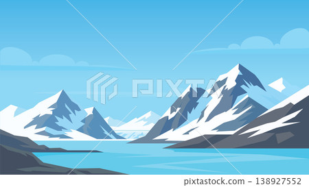 Icy Mountains Meeting Sea Arctic Flat Design 138927552