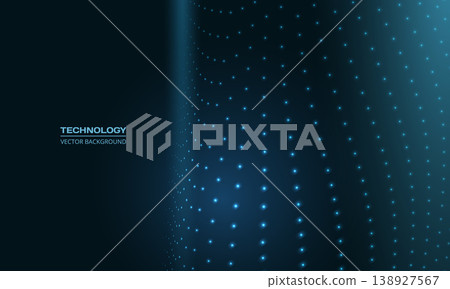 Blue digital dotted abstract background with glowing nodes and curved grid, deep navy gradient and neon highlights creating futuristic network atmosphere, subtle motion and depth for technology 138927567