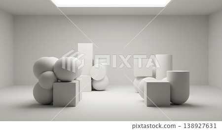 Minimalist Studio Interior with White Geometric Display Minimalist Studio Interior with White Geometric Display 138927631