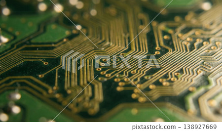 Intricate golden electronic circuit board detail Intricate golden electronic circuit board detail 138927669