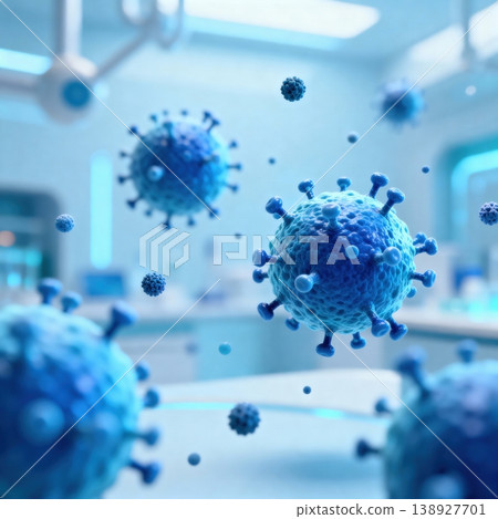 Blue virus cells floating in modern laboratory environment 138927701