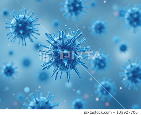 Cluster of blue virus cells with protein spikes Cluster of blue virus cells with protein spikes 138927706