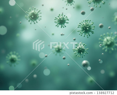 Microscopic green virus cells floating in fluid Microscopic green virus cells floating in fluid 138927712