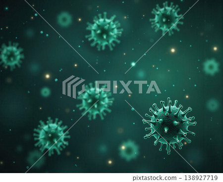 Teal glowing virus cells in microscopic space Teal glowing virus cells in microscopic space 138927719
