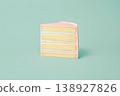 Piece of multi-layered pastel cake on mint background 138927826