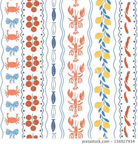 Italian la Dolce Vita vertical striped seamless pattern with lobsters, crabs, lemon. Vector Mediterranean summer print. Italian la Dolce Vita vertical striped seamless pattern with lobsters, crabs, lemon. Vector Mediterranean summer print. 138927934