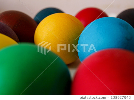 Colorful Easter eggs. Close angle. Minimalism. Red yellow green. Colorful Easter eggs. Close angle. Minimalism. Red yellow green. 138927943
