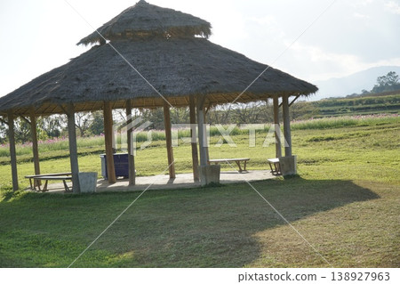 Small hut with a thatched roof sits in a grassy field 138927963