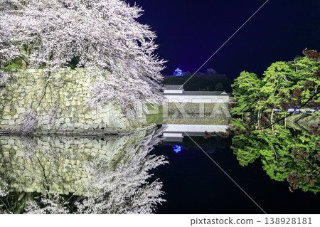 Hikone City, cherry blossoms in full bloom along the inner moat of Hikone Castle and the night view of the castle tower. 138928181