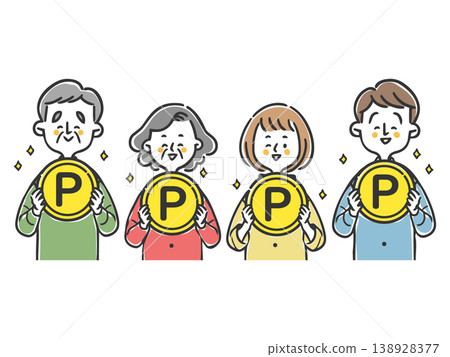 Two generations of family holding points coins (upper body, vector) Two generations of family holding points coins (upper body, vector) 138928377