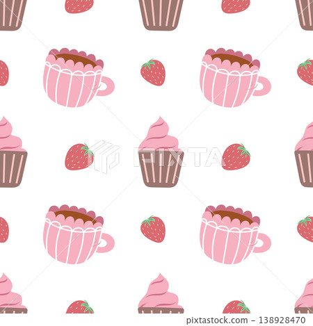 Pink tea mug and strawberry seamless pattern Pink tea mug and strawberry seamless pattern 138928470