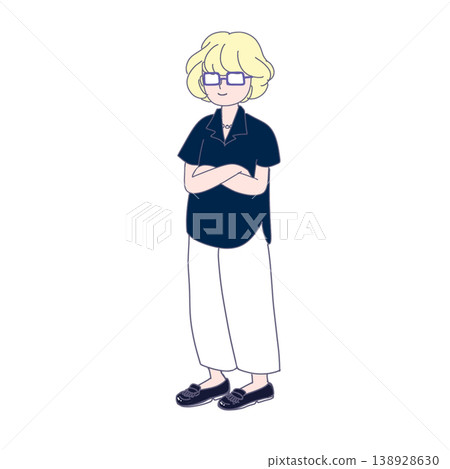 A woman with soft blonde hair and white pants, arms crossed. A woman with soft blonde hair and white pants, arms crossed. 138928630