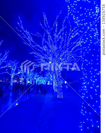 The Blue Grotto: A fantastical blue illumination along a tree-lined street on a winter night. The Blue Grotto: A fantastical blue illumination along a tree-lined street on a winter night. 138928758