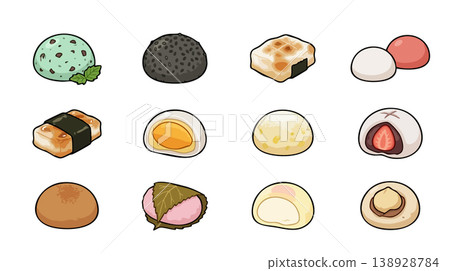 Japanese mochi and traditional sweets vector set, wagashi collection. Japanese mochi and traditional sweets vector set, wagashi collection. 138928784