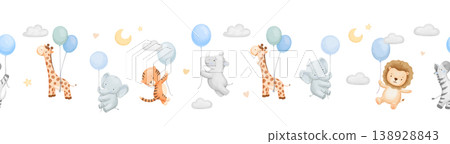 Cute seamless border with cute happy cartoon animals with balloons on isolated background, repeating childish watercolour painting, safari characters Cute seamless border with cute happy cartoon animals with balloons on isolated background, repeating childish watercolour painting, safari characters 138928843
