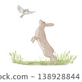 Watercolor hare and bird on grass. Isolated clipart of woodland animal. Hand drawn illustration 138928844