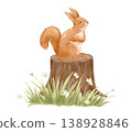 Watercolour forest squirrel on stump. Clipart woodland animal for cards and nursery posters. Hand drawn isolated illustration 138928846