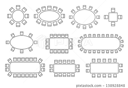 Floor plan icon showing chair arrangement from top view. Perfect for interior projects, restaurant layouts, blueprints, and architectural diagrams. Vector isolated illustration Floor plan icon showing chair arrangement from top view. Perfect for interior projects, restaurant layouts, blueprints, and architectural diagrams. Vector isolated illustration 138928848