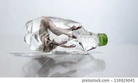 Woman bent inside crushed plastic bottle expressing physical restriction and emotional tension. 138929045