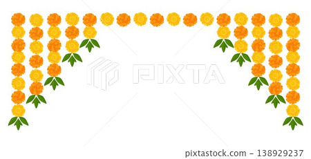 Yellow Orange Marigold Flower Border, Indian Toran Garland. Zendu Floral Hanging Isolated on Transparent Background, Festive Party Decororation for Diwali, Halloween, Dia de los Muertos Vector Yellow Orange Marigold Flower Border, Indian Toran Garland. Zendu Floral Hanging Isolated on Transparent Background, Festive Party Decororation for Diwali, Halloween, Dia de los Muertos Vector 138929237