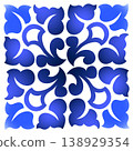 Traditional rustic style design element. Monochrome blue floral ornament. Blue curved flowers and leaves on white background. Vintage square mosaic tile 138929354